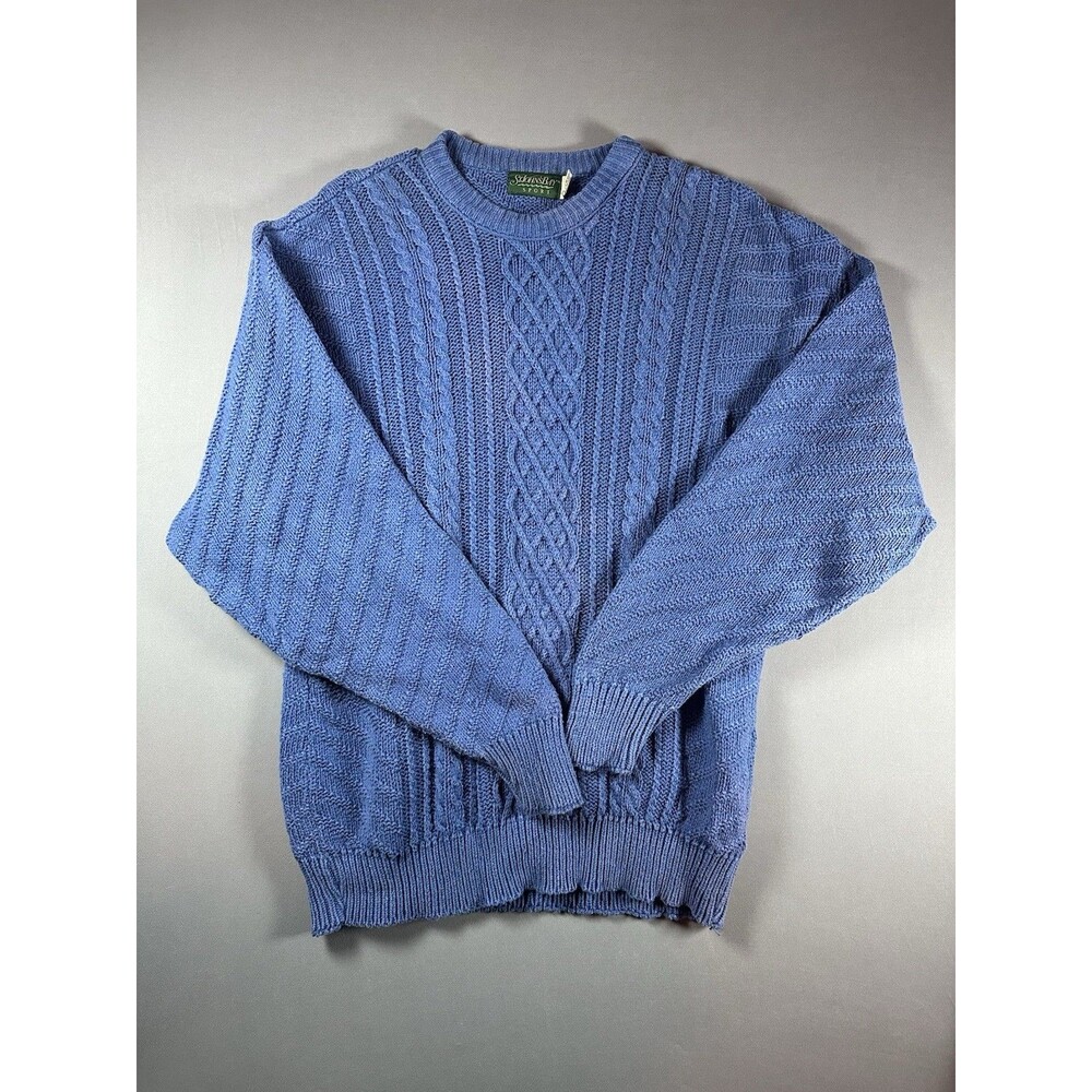 St Johns Bay Sport Sweater Mens L Blue Cable Knit Cotton Crew Fisherman